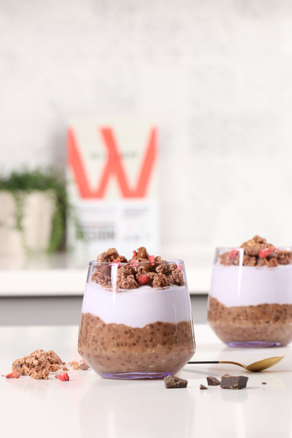 Overnight Chia chocolate espresso and yogurt layered verrine topped with Granolove Gourmet Chocolate-Strawberry and Italian hazelnut butter