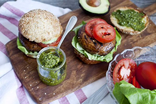 BBQ Portobello Burger with Kale, Basil, and Hemp Pesto - Main Course Recipe