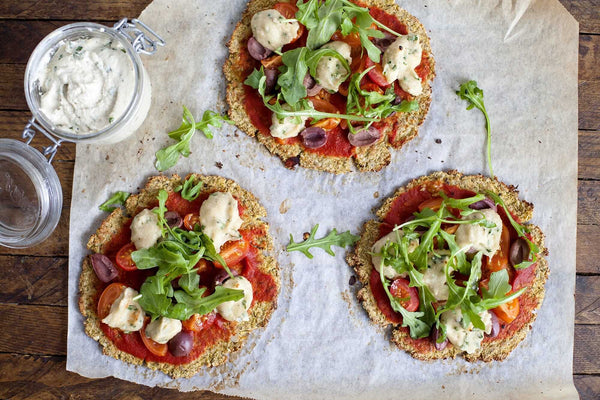 Cauliflower Pizza with Cashew ricotta, Olives and Arugula - Main Course Recipe