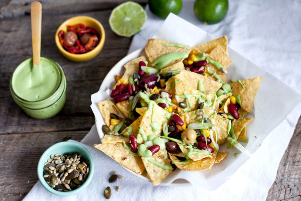 Nachos with Black Beans, Corn and Cashew-Lime Sauce - Appetizer Recipe