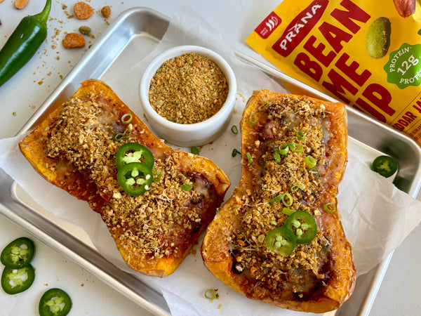 Stuffed Butternut Squash with Chili & Bean Me Up Cheddar Jalapeño